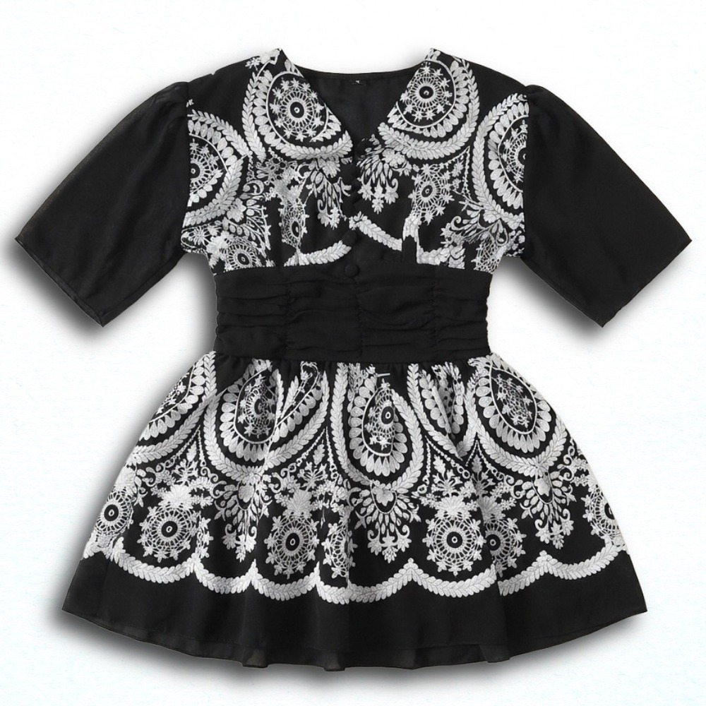 Womens Black White Paisley Medallion Fit Flare Dress Smocked Waist Sheer Sleeve